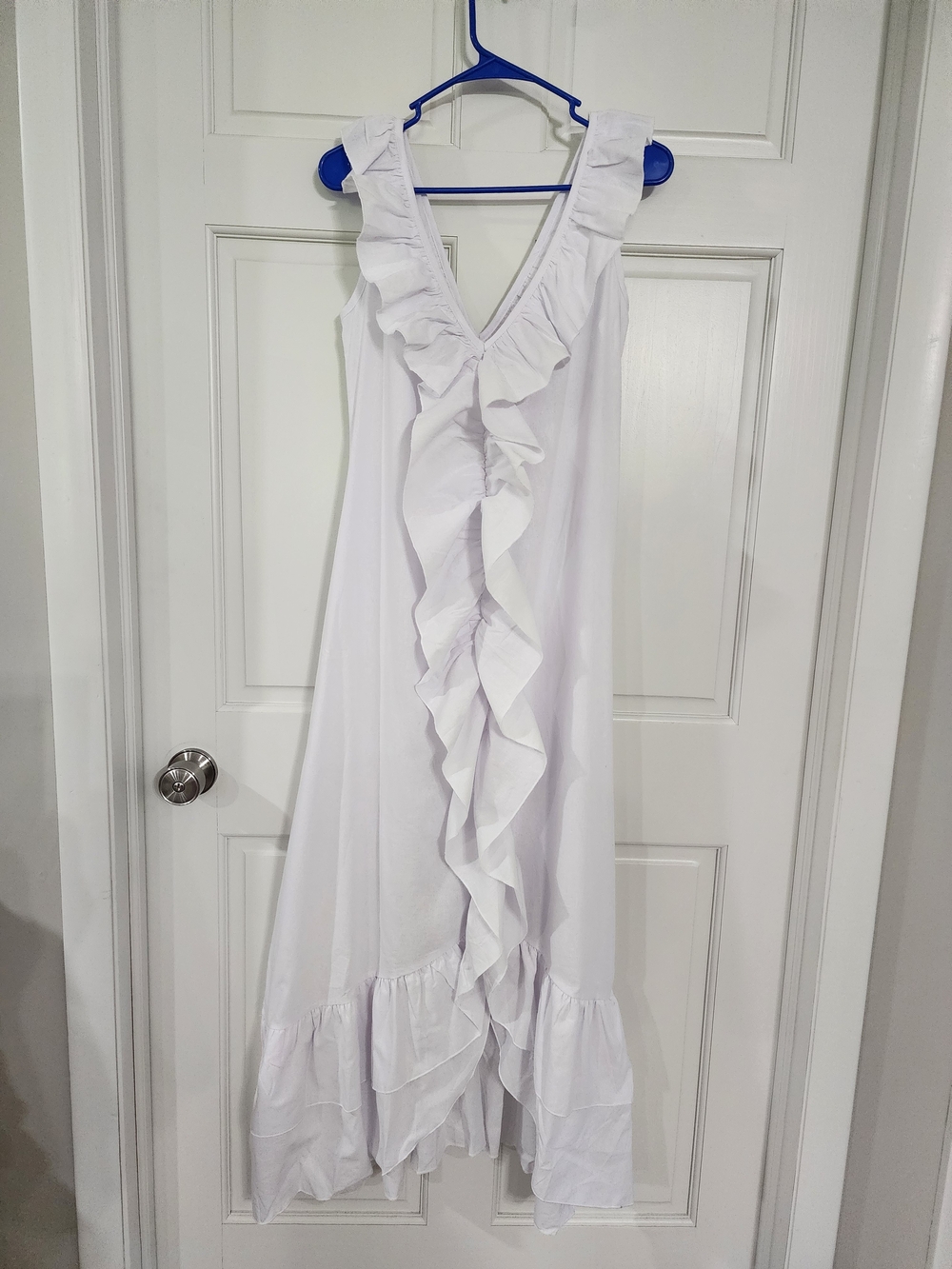 White Bohemian Linen Ruffle V-Neck Light Weight Maxi Dress/Cover Up Medium - Picture 3 of 13